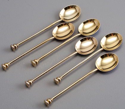 Sterling Silver and Guilloche Enamel Gilded Seal Top Coffee Spoons (Set of 6)  - Art Deco, William Suckling