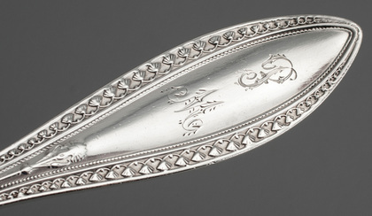 Whiting Indian Pattern Sterling Silver Cheese (Stilton) Scoop - Gold Wash, Bright Cut, Retailer N Harding & Co, Boston, Designer Charles Osborne