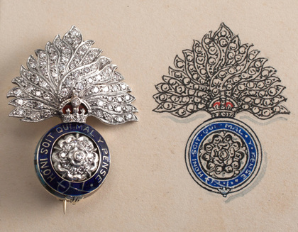 Royal Fusiliers City of London Regiment Diamond, Platinum, Gold and Enamel Sweetheart Brooch