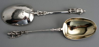 18th Century Dutch Silver Memorial or Figural Spoons (Two) - Amsterdam, Johannes Selling, Delft, Adriaen Brandt