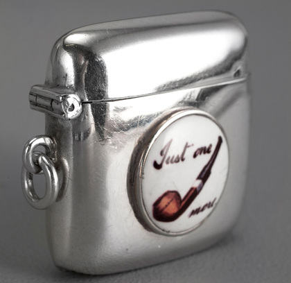 Antique Silver and Enamel Vesta Case - Just One More, Enamel Pipe