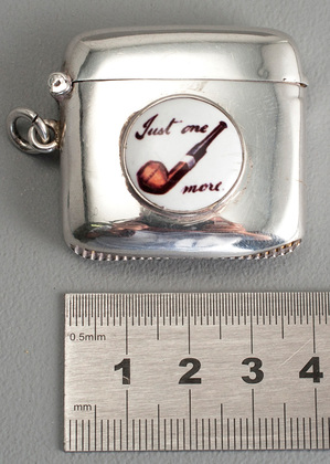 Antique Silver and Enamel Vesta Case - Just One More, Enamel Pipe