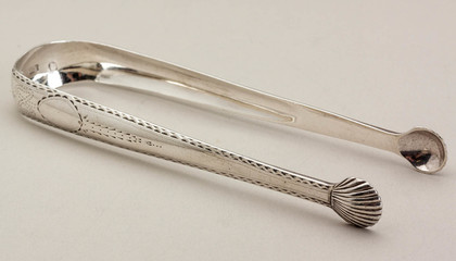 Irish Georgian Silver Bright Cut Silver Sugar Tongs - Dublin Bow, Benjamin Tait