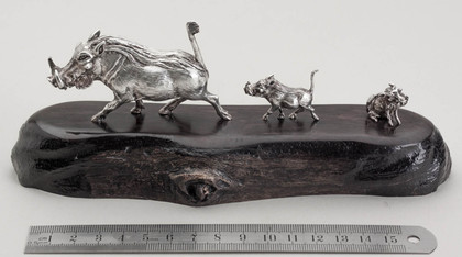 Patrick Mavros Silver Sculpture Warthog Family On Blackwood Base