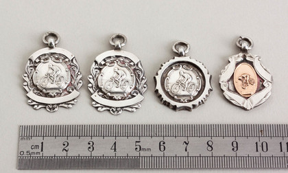 Set of 4 Sterling Silver and Gold Cycling Fob Medallions - FWCC, R Richardson, Foster Wheeler Cycling Club