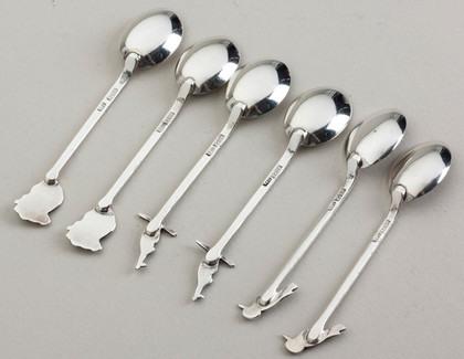 Australian Sterling Silver Fauna & Flora Souvenir Spoons (Set of 6) - Kangaroo, Koala, Kookaburra, Hardy Bros, WJ Sanders