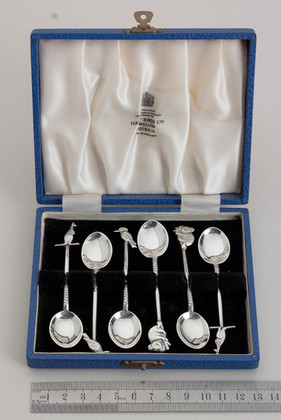 Australian Sterling Silver Fauna & Flora Souvenir Spoons (Set of 6) - Kangaroo, Koala, Kookaburra, Hardy Bros, WJ Sanders